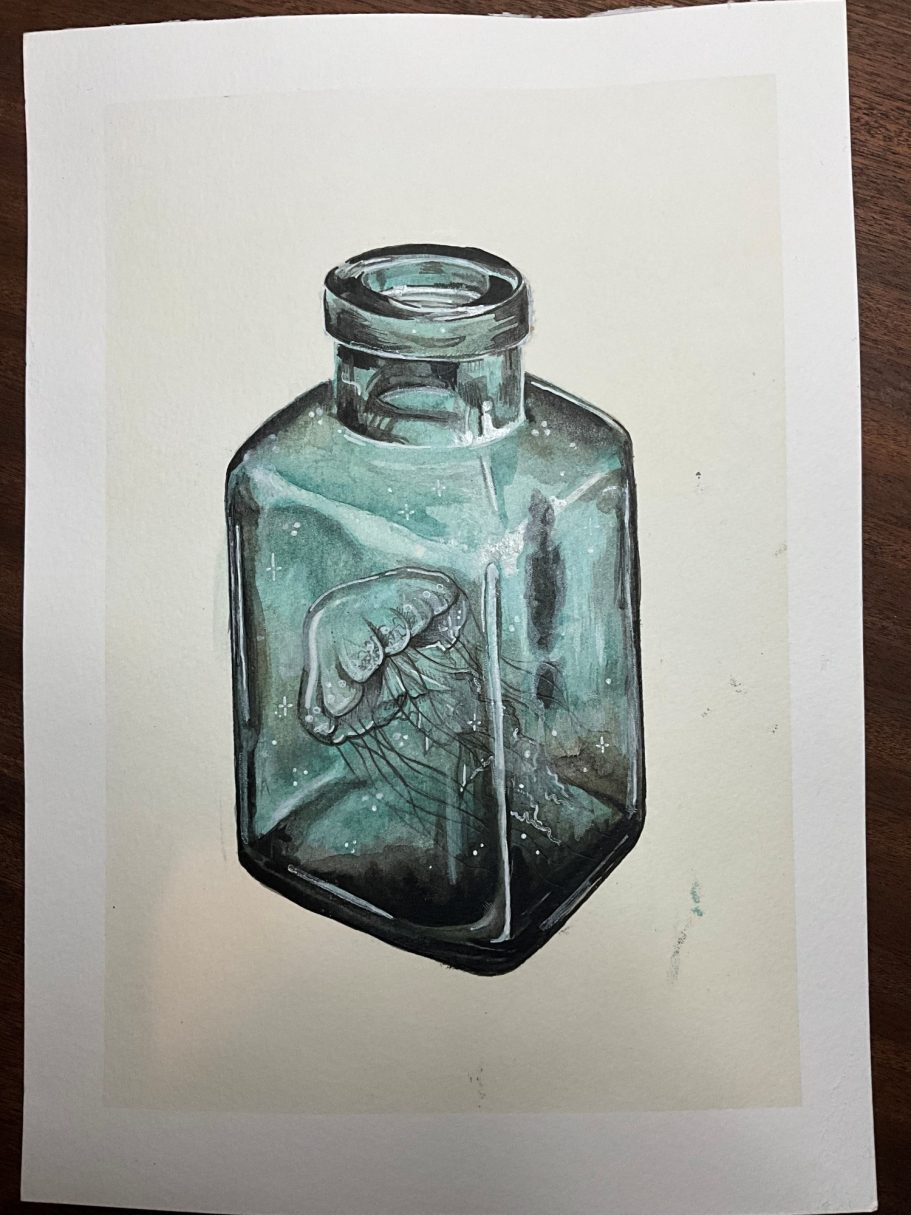 Original Jellyfish Painting Original Jellyfish Painting, Surreal Ocean Artwork in Glass Bottle, Whimsical Sea Life Art